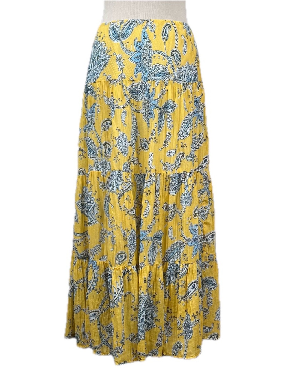 Chaps Yellow Blue Floral Cotton Tiered Boho Midi Skirt Size 1X